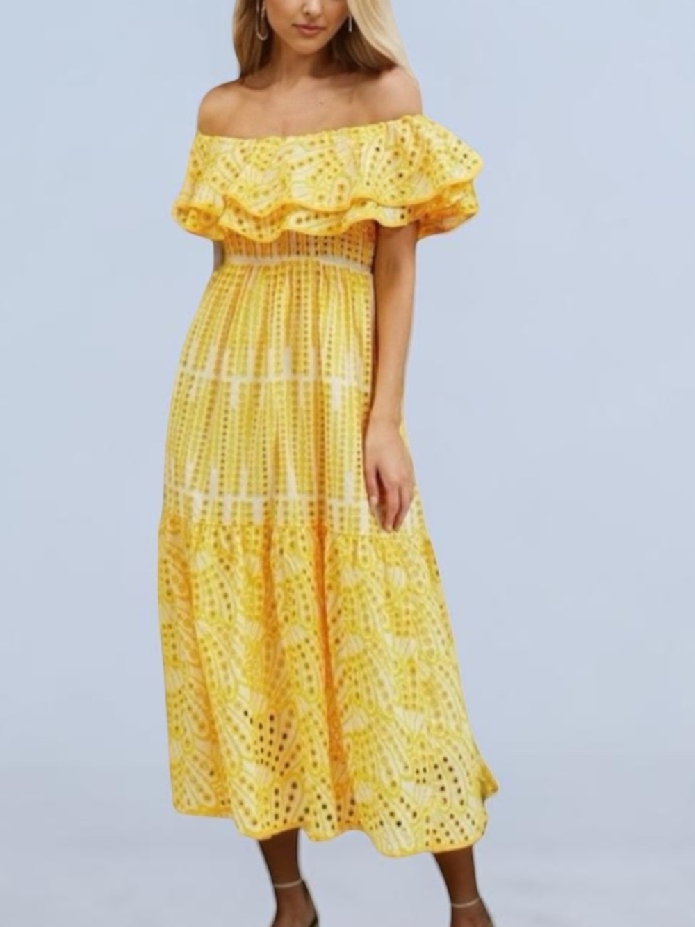 CHICWISH Off-Shoulder Tiered Ruffle Embroidered Eyelet Dress Size M/L